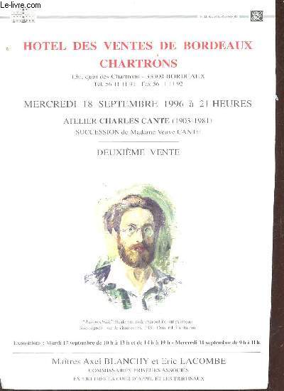 Plaquette de ventes aux enchres - Hotel des ventes de Bordeaux Chartrons Atelier Charles Cante 1903-1981 succession de Madame Veuve Cante deuxime vente - Mercredi 18 septembre 1996.