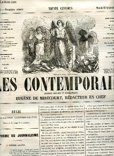 Les contemporains journal critique et biographique n37 premire anne mardi 13 septembre 1857 - Rfome du journalisme - l'Oncle Bruno - corbeille aux gazettes - grand scandale dans le sicle - les manies et les maniaques - Arnal.