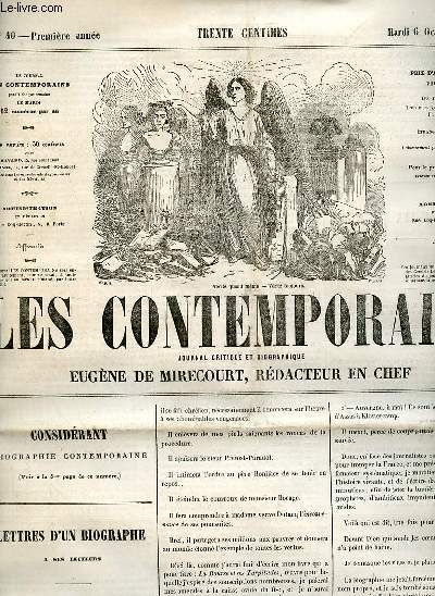 Les contemporains journal critique et biographique n40 premire anne mardi 6 octobre 1857 - Lettres d'un biographe  ses lecteurs - corbeille aux gazettes - les femmes clbres Madame d'Aiguillon (tude rtrospective) - courrier de la semaine etc.