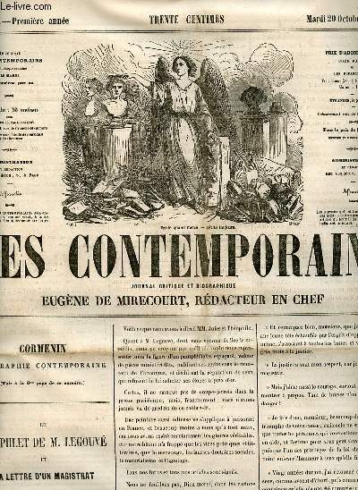 Les contemporains journal critique et biographique n42 premire anne mardi 20 octobre 1857 - Le pamphlet de M.Legouv et la lettre d'un magistrat - un coup de bourse - corbeille aux gazettes - courrier de la semaine - podes d'Horace livre IV etc.