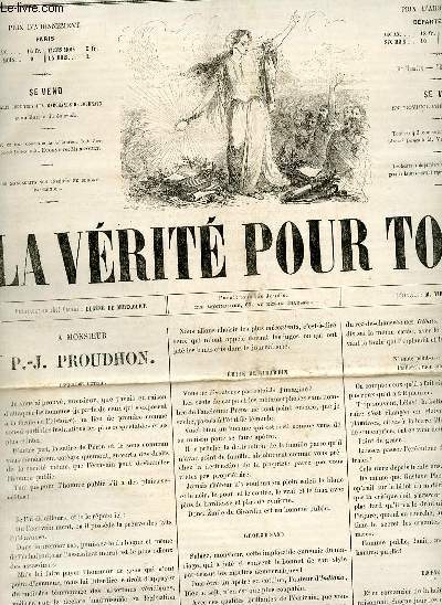 La vrit pour tous n26 deuxime anne jeudi 3 juin 1858 - A Monsieur P.-J.Proudhon - guerre de crime souvenirs et anecdotes - les jumeaux de M.Million - chos de la ville et de la province - un peu de tout les auteurs maniaques - Isidore etc.