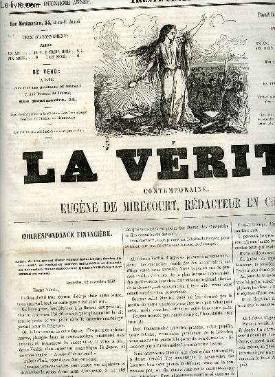 La vrit contemporaine n50 deuxime anne jeudi 18 novembre 1858 - Correspondance financire - tablettes de la vrit - notices biographiques Pierre Gassendi - tudes contemporaines le Mont-de-pit - thatres - petit courrier du journal etc.