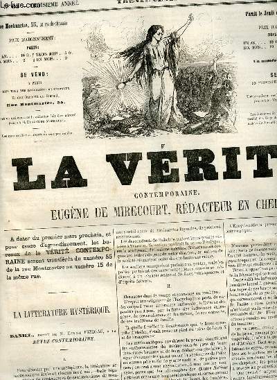 La vrit contemporaine n63 troisime anne jeudi 17 fvrier 1859 - La littrature hystrique Daniel roman de M.Ernest Feydeau  la revue contemporaine - tablettes de la vrit - la Duchesse d'Orlans - le banquier homme de lettres - les romes d'or etc.