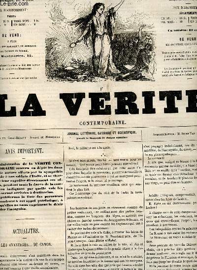 La vrit contemporaine n74 troisime anne mercredi 4 mai 1859 - Les avantages du canon - un digne frre de sa soeur - le Gnral de Lourmel pisode de la bataille d'inkermann(1) - tablettes de la vrit - salon de 1859 lettres de Chaud-de-Ton artiste..