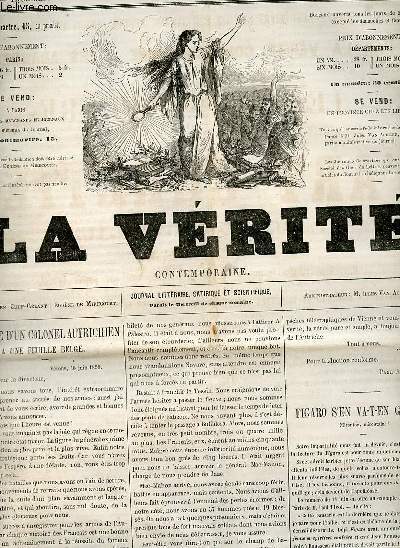 La vrit contemporaine n80 troisime anne mercredi 15 juin 1859 - Lettre d'un colonel autrichien  une feuille belge - Figaro s'en va t en guerre mironton, mirontaine ! - ncrologie Marie Aycard - exposition des oeuvres de Ary Scheffer etc.