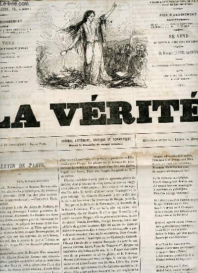 La vrit n91 troisime anne dimanche 4 novembre 1859 - Bulletin de Paris -  M.Adolphe Cordier en sortant de son dlicieux chlet de Trouville-sur-Mer - nouvelles littraires et artistiques - thatres - scnes intimes d'afrique (suite) etc.
