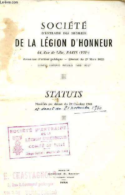 Fascicule : Socit d'entraide des membres de la lgion d'honneur - Stauts modifis par dcret du 29 octobre 1948.