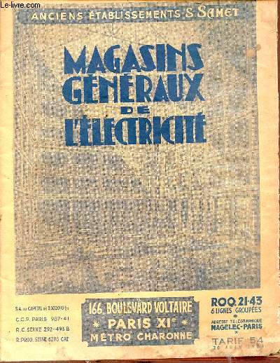 Catalogue Anciens tablissements S.Samet magasins gnraux de l'lctricit - tarif 54 30 juin 1954.