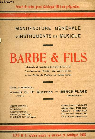 Catalogue Barbe & Fils manufacture gnrale d'instruments de musique - tarif n6 - extrait de notre grand catalogue 1935.