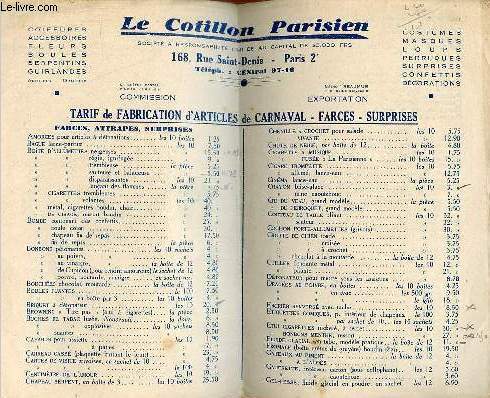 Plaquette : Le Cotillon Parisien tarif de fabrication d'articles de carnaval, farces, surprises.
