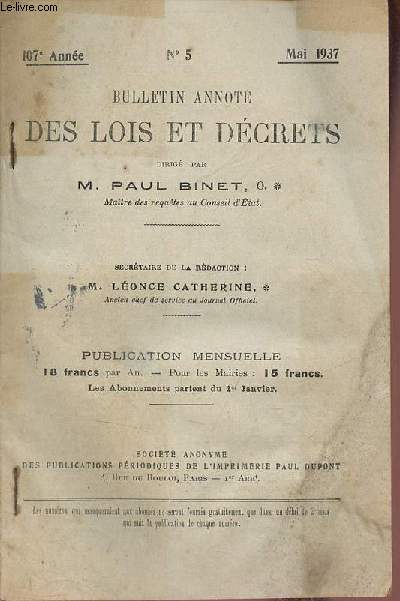 Bulletin annot des lois et dcrets n5 107e anne mai 1937.