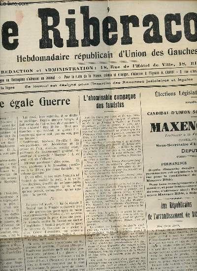 Le Ribracois n16 9e anne vendredi 17 avril 1936 - Fascisme gale guerre - l'abominable campagne des fascistes - Casimir plaisante ! - la majorit  gauche - les puissances d'argent contre la dmocratie - pour des runions contradictoires etc.