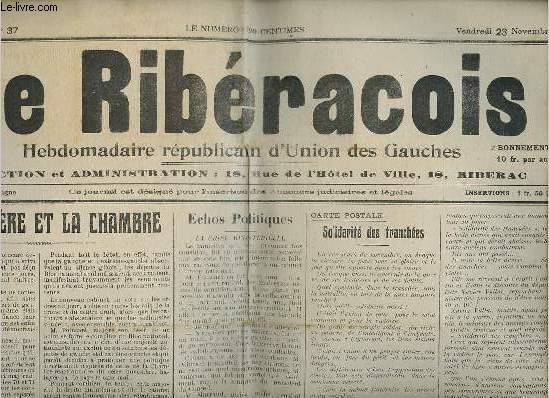 Le Ribracois n37 premire anne vendredi 23 novembre 1928 - Le ministre et la chambre - la crise ministrielle -carte postale solidarit des tranches - le gouvernement devant la chambre - conseil des ministres - la rintgration des cheminots etc.