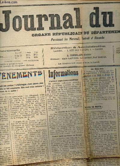 Journal du Lot n79 29e anne dimanche 9 juillet 1939 - Les vnements - informations - ce qu'est Dantzig - paysanneries sentimentales - chronique du lot - Cahors - fte nationale - l'exercice concert de Mme Crassac-Ressequier et de Mme Colas etc.