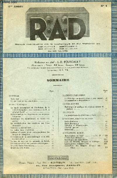 RAD n1 1re anne 5 janvier 1931 - Notre but - ce que veulent les sans-filistes - la haute atmosphre et l'volution de la radiotlgraphie : une confrence de M.le gnral Ferri - dtermination des impdances en moyenne frquence etc.
