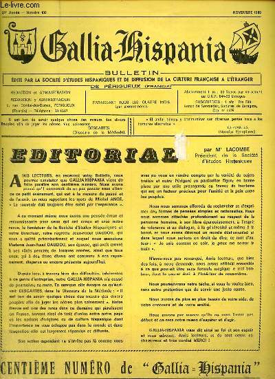 Gallia-Hispania n100 27e anne nov.1980 - Editorial par M.Lacombe - la lgende du blason catalan par Andr Loumagne - oeillets  Sitges - il y a cent ans dcouverte de la caverne peinte d'Altamira par M.Soubeyran - le museo del camp  Vilabella etc.