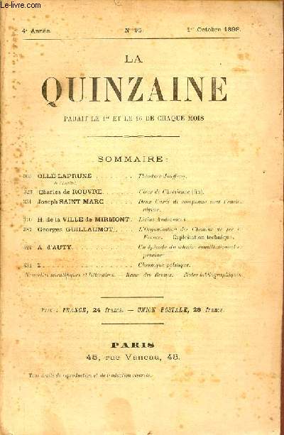 La Quinzaine n95 4e anne 1er octobre 1898 - Thodore Jouffroy par Oll-Laprune - coeur de chrtienne (fin) par Charles de Rouvre - deux curs de campagne sous l'ancien rgime par Joseph Saint Marc - Livius Andronicus par H. de la Ville de Mirmont etc.