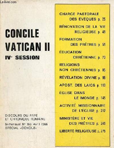 Concile Vatican II IVe session - Discours du pape et chronique romaine - bi-mensuel n168 avril 1966 spcial concile.