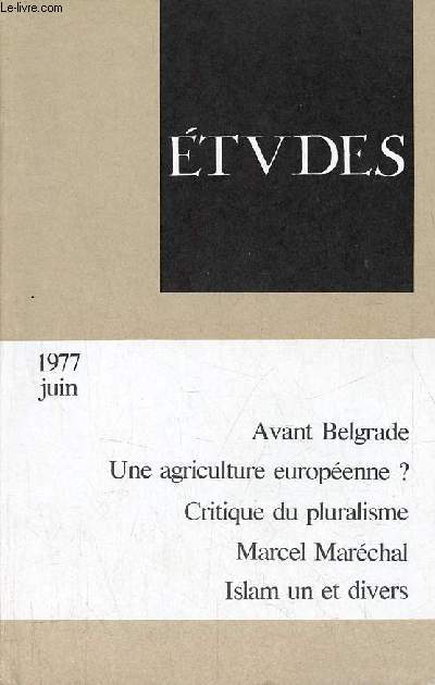 Etudes revue mensuelle juin 1977 - L'URSS et les liberts individuelles par J.Laruchette - C.E.E quelle politique agricole commune ? par J.C. Clavel - deux documents  propos d'Helsinki par J.Patocka, A.Michnik - pluralisme, pluralits, unit etc.