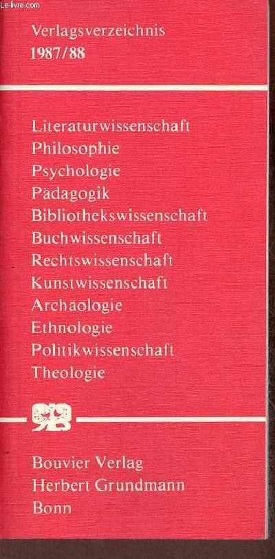 Verlagsverzeichnis 1987/88 literaturwissenschaft philosophie psychologie pdagogik bibliothekswissenschaft buchwissenschaft rechtswissenschaft kunstwissenschaft archologie ethnologie politikwissenschaft theologie.