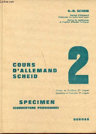 Cours d'allemand Scheid 2 - Classes de troisime (2me langue) quatrime et troisime (1re langue) - Specimen couverture provisoire.
