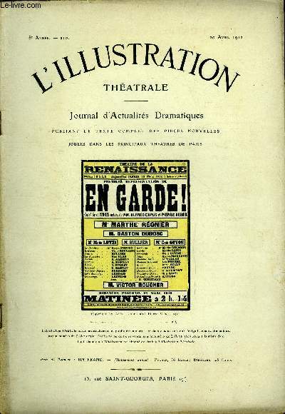 L'illustration thatrale n 210 - En garde ! comdie en trois actes par alfred Capus et Pierre Veber, reprsente pour la premire fois le 19 mars 1912 au thatre de la Renaissance