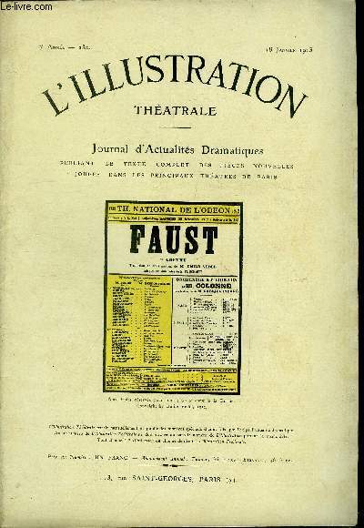 L'illustration thatrale n 230 - Faust de Goethe, traduction en trois parties et douze tableaux de M. Emile Vedel, reprsent pour la premire fois au thatre national de l'odon le 21 dcembre 1912