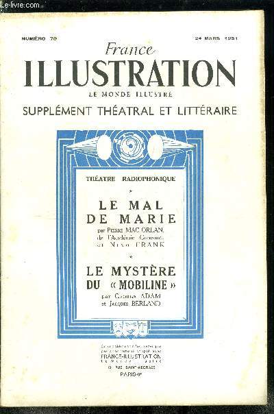 France illustration, le monde illustr, supplment thatral et littraire n 79 - Le mal de Marie, film radiophonique de Pierre Mac Orlan, de l'acadmie Goncourt et Nino Frank, Le mystre du mobiline, rcit radiophonique de George Adam et Jacques Berland