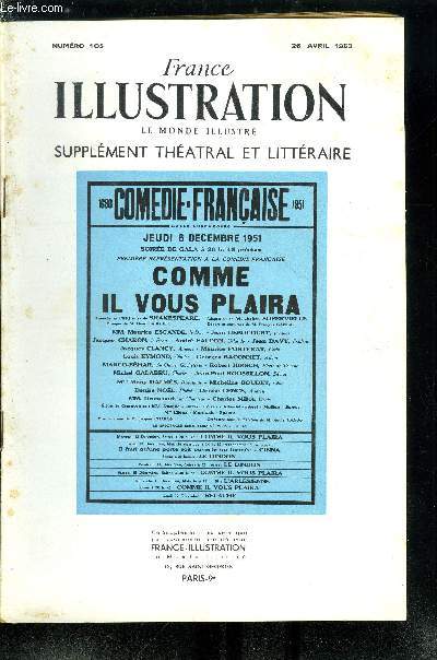 France illustration, le monde illustr, supplment thatral et littraire n 105 - Comme il vous plaira, comdie en 5 actes de William Shakespeare, adaptation franaise de Jules Supervielle