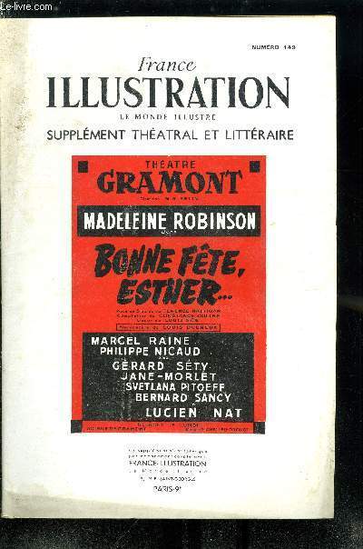 France illustration, le monde illustr, supplment thatral et littraire n 149 - Bonne fte Esther... pice en trois actes de Terence Rattigan, adaptation franaise de Constance Coline