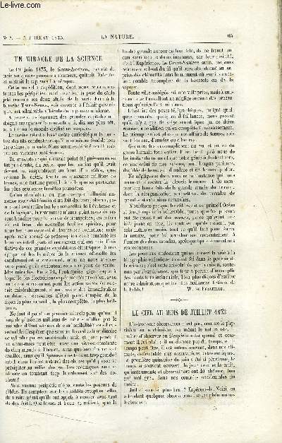 La nature n 5 - Un miracle de la science par W. de Fonvielle, Le ciel au mois de juillet 1873 par Amde Guillemin, Les instruments enregistreurs photographiques par Gaston Tissandier, Les wagons des chemins de fer amricains par H. Blerzy, Les arts