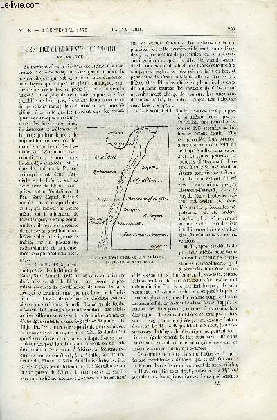 La nature n 14 - Les tremblements de terre en France par Gaston Tissandier, Le ciel au mois de septembre 1873 par Amde Guillemin, Nouveau voyage dans la Chine centrale, La tlgraphie atmosphrique par Ch. Bontemps, La mortalit en France, La Nouvelle