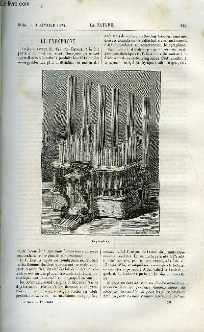 La nature n 36 - Le pyrophone, L'alfa et la fabrication du papier par Gabriel Marcel, Les radeaux improviss, Voyage d'un naturaliste en Ocanie par J. Girard, Les frres siamois, Une excursion gologique dans les Ardennes par Stanislas Meunier, Le gulf