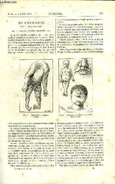 La nature n 44 - Des monstruosits par Bertillon, Chemin de fer du troisime rseau par Ch. Boissay, Bulletin du vulcanisme italien, Terriers de skye a oreilles droites par H. de la Blanchre, Les charmeurs de serpents et le professeur Richard Owen