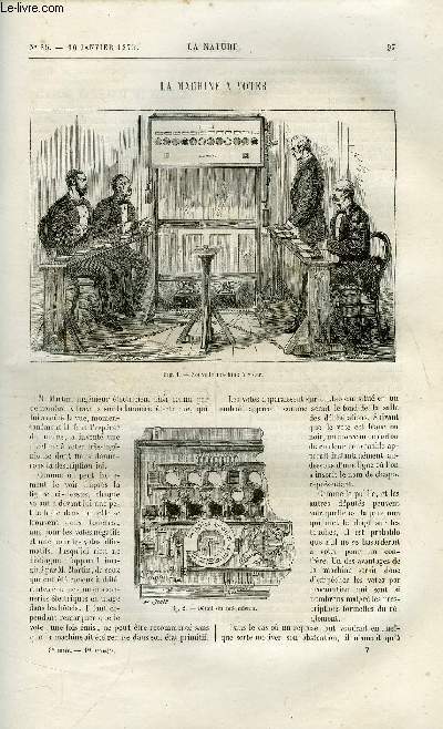 La nature n 85 - La machine a voter, Les populations du Turkestan oriental, Le canon anglais de 81 tonnes par L. Renard, Le gyroscope et ses applications par Giraudire, Diatomes marines par H. de la Blanchre, L'opium, L'origine des chemins de fer