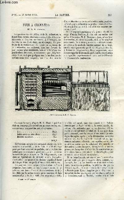 La nature n 95 - Four a crmation de M. F. Siemens par Gaston Tissandier, Mathieu, Marc Sguin par Paul Laurencin, Gologie pittoresque par A.F. Nogus, Transplantation du poisson par H. de la Blanchre, Les travaux publics en Hollande, L'infection