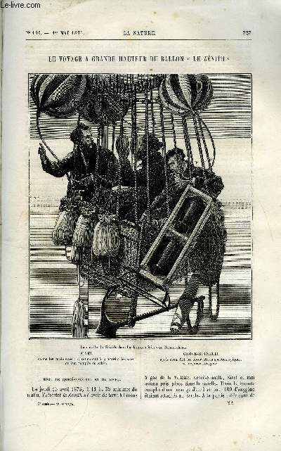 La nature n 100 - Le voyage a grande hauteur du ballon Le Znith par Gaston Tissandier, La pression de l'air et la vie de l'homme, Les funrailles de croc-spinelli et de Sivel