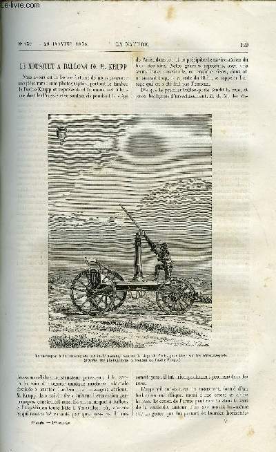 La nature n 139 - Le mousquet a ballons de M. Krupp par Gaston Tissandier, Les asiles d'alins de la Seine par Dr Bader et Ch. Boissay, Les poissons amphibies par E. Sauvage, L'exploitation de la glace aux Etats Unis par L. Lhritier, Les libelluliens