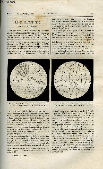 La nature n 141 - La cristallisation des eaux mtoriques par Gaston Tissandier, Xavier de Maistre par Gaston Tissandier, L'isthme de calais par Stanislas Meunier, Les jakuns, population sauvage de l'intrieur de la pninsule malaise, Curiosits