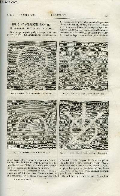 La nature n 147 - Halos et couronnes solaires et lunaires, pronostics du temps par Gaston Tisserand, La vision et les illusions d'optique par Ch. Bontemps, Le mouvement vgtal d'aprs les recherches rcentes de Ed. Heckel par E. Oustalet, Distillation