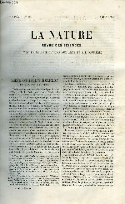 La nature n 157 - La caverne ossifre dite Kesslerloch a Thaygen, prs Schaffhouse par J. Mestorf, L'exposition de photographe par J. Girard, Les ponts de Paris autrefois et aujourd'hui par Charles Boissay, Les phmres par Dr N. Joly