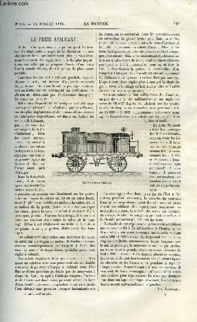 La nature n 164 - Le frein stilmant par Ed. Landrin, Le club alpin franais et ses travaux par Charles Grad, Sur divers fossiles trouvs dans le dpartement de l'Aisne par Maurice Girard, Des proprits optiques de l'atmosphre dans leurs rapports