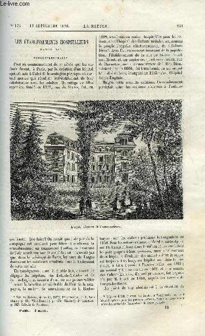 La nature n 172 - Les tablissements hospitaliers parisiens, L'exposition d'appareils scientifiques de South Kensington museum par Dr Franois Franck, Exposition internationale de 1878 par Gaston Tissandier, Les haemonia par P. Montillot