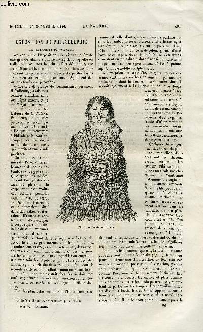 La nature n 182 - Exposition de philadelphie par Dr Saffray, Le buste d'Edouard Lartet, rcemment install au muse de Saint Germain, Le pronostic ou sturm glass des anglais par Gaston Tissandier, Exposition d'appareils scientifiques de South Kensington