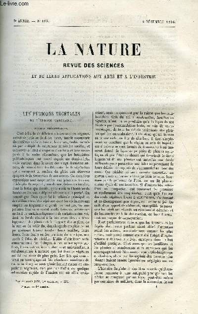 La nature n 183 - Les priodes vgtales de l'poque tertiaire par Cte G. de Saporta, La fabrication de la dynamite nobel par Maxime Hlne, Sur la respiration des racines par P.P. Dehrain