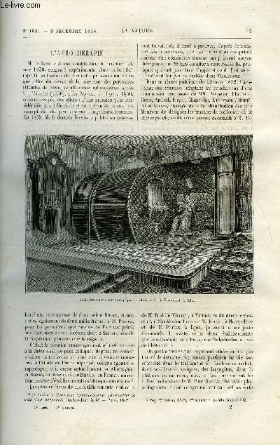 La nature n 184 - L'arothrapie, Les variations de climat du Sahara et les sculptures antiques de sous par Charles Grad, Les blemnites tires du mont Lachat par Stanislas Meunier, Destruction d'Hell Gate, L'Albert Bridge, a Londres