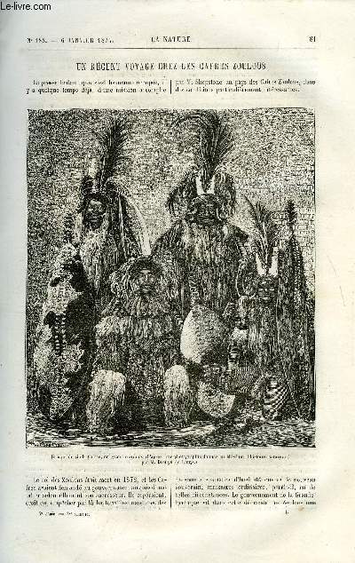 La nature n 188 - Un rcent voyage chez les cafres zoulous par E.T. Hamy, Plerinage aronautique aux monuments de Blanchard et de pilastre par Charles Boissay, Le chemin de fer systme Wetli et la catastrophe de la ligne Woedensweil-Einsiedlen