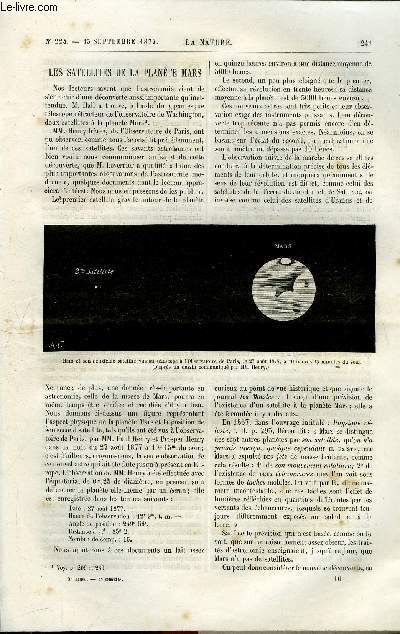 La nature n 224 - Les satellites de la plante Mars, Les priodes vgtales de l'poque tertiaire par le comte G. de Saporta, Le son dans l'air et dans l'eau par Maurice Girard, La famine et les famliques aux Indes par A. Lacassagne