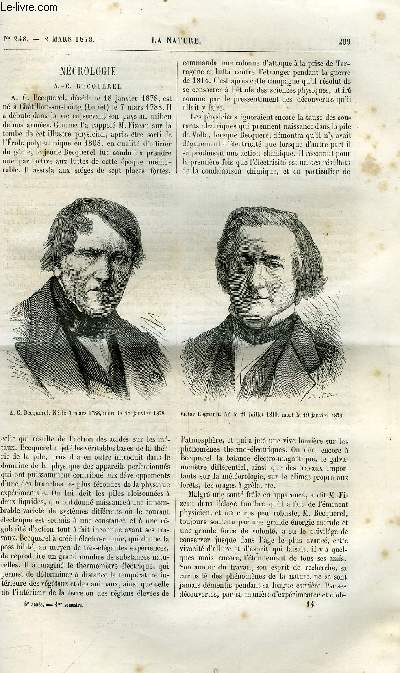 La nature n 248 - Ncrologie, A.C. Becquerel, Les enchainements du monde animal d'aprs le livre rcent de M. Gaudry par E. Oustalet, Le nouveau saccharimtre ou polarimtre Laurent, Chronique du tlphone