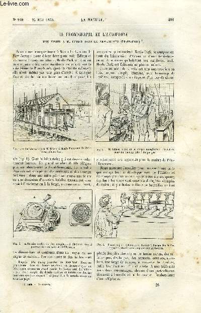 La nature n 260 - Le phonographe et l'arophone, une visite a M. Edison dansle New Jersey, Le grand ballon captif a vapeur de M. Henri Giffard par Gaston Tissandier, L'exposition universelle, Le bateau torpille Yarrow